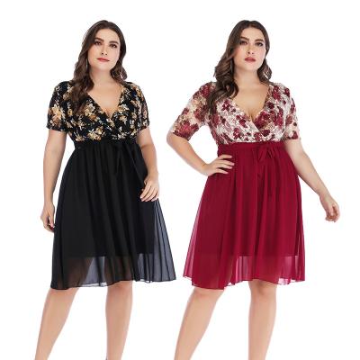 China Wholesale Viable XL-5XL Plus Size Short Sleeve Print Lace Short Dress Chiffon Tie Dresses Ladies Ladies Women Clothing for sale