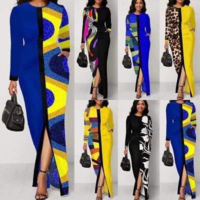 China 2022 Anti-Static Women Clothes Floral Patchwork Print Women Floral Sexy Slit Black Long Sleeve Midi Woman Autumn Dress for sale