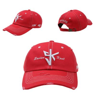 China JOINT Custom Red Unstructured Vintage Distressed Brim Baseball Dad Hats Unisex Hats for sale