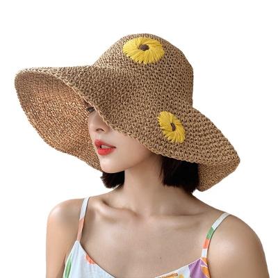 China Women's Daisy Character Summer Sun Quality Wide Brim Beach Foldable Soft Straw Hat for sale