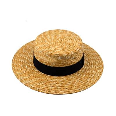 China Summer Character 100% Straw Boater Fedora Top Flat Hat Natural Unisex Wheat Beach Flat Brim With Black Navy Hat for sale