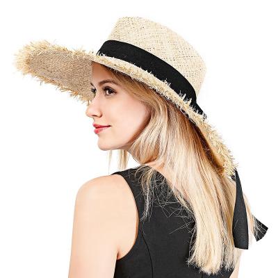 China Wholesale Custom Made Lady Large Raffia Floppy Brim Hat With Black Ribbon Beach Sun Chiffon Big Brim Raffia Hat for sale