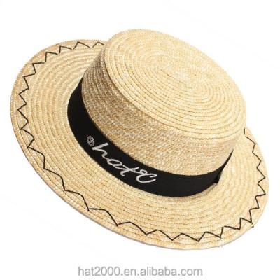 China Wholesale Character Straw Boater Hat Classical Wheat Straw Hat With Ribbon Decoration for Ladies Summer Fashion Hat for sale