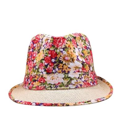 China 2022 Cute Character Kid's Paradise Palm Tree Print Adult Paper Straw Hat Fedora Hat Lightweight Summer Parenting Panama for sale