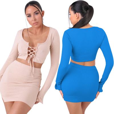 China 2021 Hot Selling Anti-Static Long Sleeve V-neck Two Piece Sets Women Sexy Outfits For Woman Solid Cropped 2 Piece Skirt Set for sale