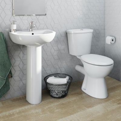 China Double-Flow Modern Design Bathroom Rimless Close Coupled Europe Ceramic Toilet Suite With Full Pedestal Washbasin for sale