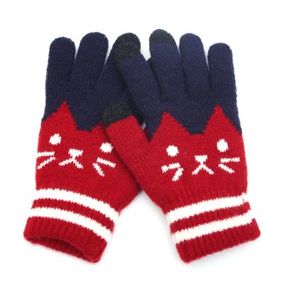 China New Women Winter Warm Velvet Animal Jacquard Ladies Knitted Touch Screen Gloves Cat Gloves for sale