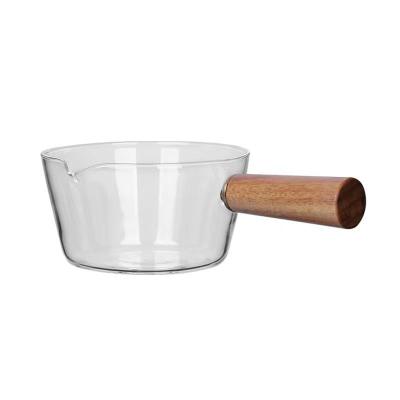 China High Quality Sustainable High Borosilicate Glass With Wooden Handle Home Kitchen Cooking Milk Pan Pot Cookware Glass Pot for sale