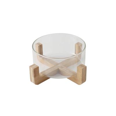 China Viable Transparent Heatable Microwave Salad Bowl Glass Borosilicate Wood Base for sale