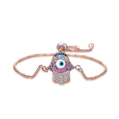 China Multicolor Rose Gold Pulseira Hamsa Fetima Rhinestone Bracelets Women ALLOY Hand Luxury Evil Eye Bangle for sale