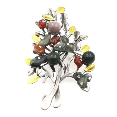 China ALLOY Women Vintage Retro Branches Semi Precious Natural Agate Stoon Brooch For Garment for sale