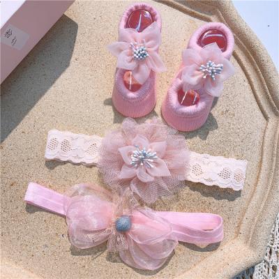 China Antibacterial 3Pcs/Set Lace Flower Baby Crown Bows Newborn Hairband Headbands For Girls Turban Baby Hair Accessories Baby Headband Socks Set for sale