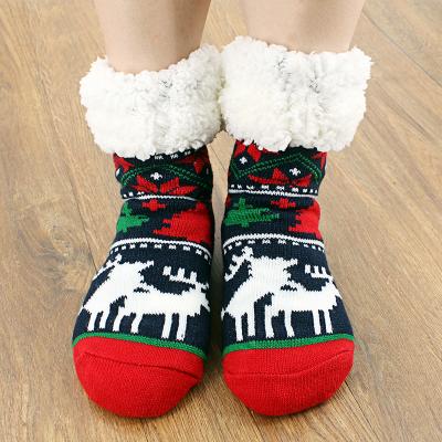 China New Warm Winter Thick Knit Fleece Striped Thermal Fuzzy Christmas Fluffy Slipper Socks Women for sale