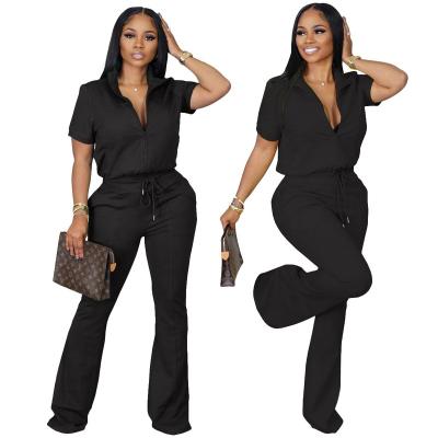 China Hot Selling QUICK DRY Wholesale Women's Short Sleeve Suit Two Piece Zipper Custom Bell Bottom Pants Suits Two Piece for sale