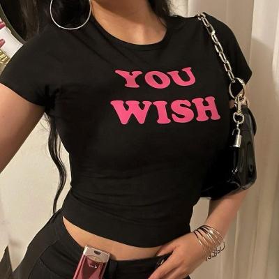 China Hot Sale Ladies ODM Polyester Short Sleeve Anti-Wrinkle Slim Round Neck Letter Printing T-shirt Casual Tops Can Be Customized Wholesale for sale