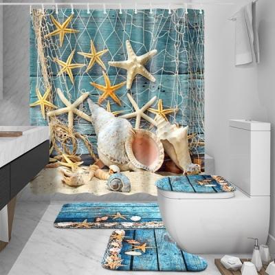 China American Style Bathroom Set Style Blue Print Beach Starfish Summer Conch Shower Curtain+ Rustproof Waterproof Non Slip Bathroom Pedestal Cover for sale