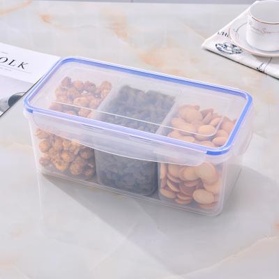 China Plastic Airtight Freshness Keeping Refrigerator Organizer Food Storage Box Dry Container 3 Separated Cereal Container Storage Boxes and Bins for sale