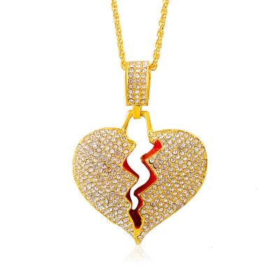 China Fashion Hip Hop Romantic Style Love Necklace Female Crack Zircon Full Diamond Broken Heart Pendant For Male for sale