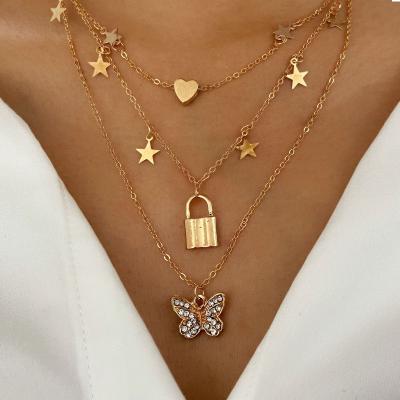 China New Product Zircon Gold Romantic Butterfly Pendant Necklace Creative Multilayer Stacking Lock Love Clavicle Chain for sale