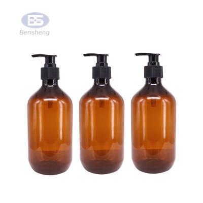 China Empty Amber Plastic Shampoo Liquid Shower Bottle Cosmetic Hand Wash Pet Bottle With Black Pump for sale