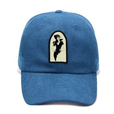 China JOINT Fashion Style 6 Panel Printed Applique Unstructured Corduroy Dad Caps Blue Metal Buckle Corduroy Hats for sale