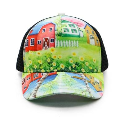 China 5 Panel Curved Edge JOINT Floral Sublimation Tarpaulin Kids Trucker Hats Printing Mesh Trucker Hats Caps for sale