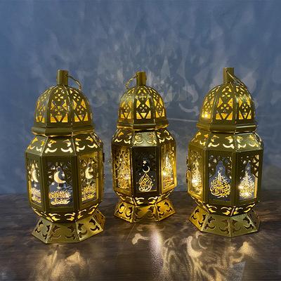 China Custom Religious Ranadan Activities Lamp Eid Wrought Iron Wind Lantern Crafts Arabic Lantern Study Lighting for sale