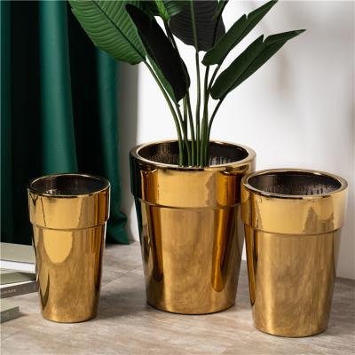 China Hot Selling Big Size Ceramic Plant Decoration Cylinder Gold Handmade Minimalist Indoor Outdoor Pots Ceramic Flower Pots For Home Decor for sale