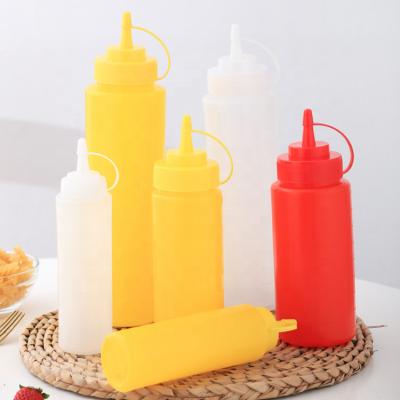 China Food PE Food Grade Squeeze Bottle Plastic Salad Dressing Jam Bottle With Long Thin Tip for sale