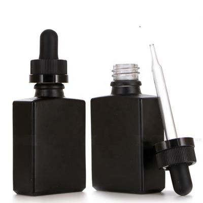 China Hot Sales Square 30ml Cosmetic Matte Black Essential Oil Glass Dropper Bottle for sale