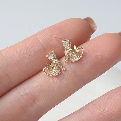 China Fashion 14K Real Gold Small Cat Stud Earrings Delicate Rhinestone Zircon Cute TRENDY Jewelry Piercing Earrings For Women Gift for sale