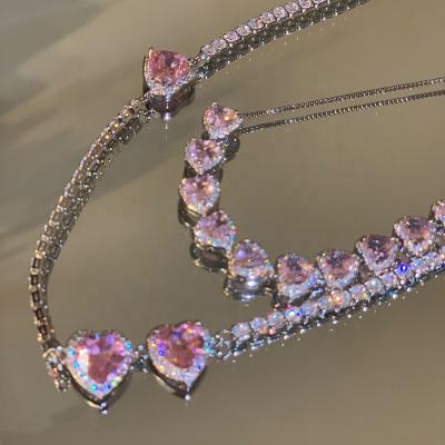 China FASHIONABLE Korean Luxury Pink Bridal Wedding Jewelry Three Sets Peach Heart Diamond Pendant Necklace Zircon Tennis Choker Chains for sale