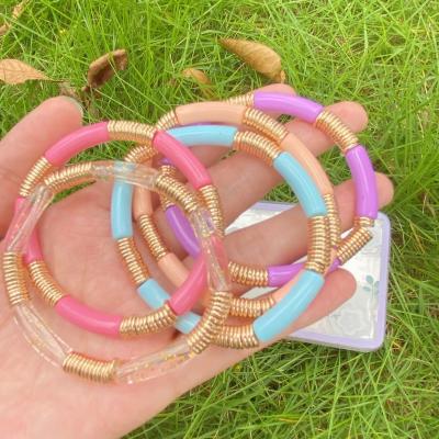 China FASHIONABLE 6MM Mini Colorblock Skinny Acrylic Curved Tube Small Beads Bamboo Waterproof Disc Boho Stack Bangle Bangles Bracelet Gold for sale