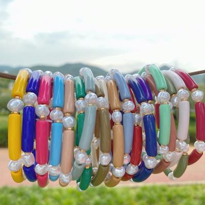 China 6mm Tube Pearl Stack Bracelets Bangle Women Acrylic Bamboo Curved Freshwater Freshwater Girl Small Colorful Resin TRENDY for sale