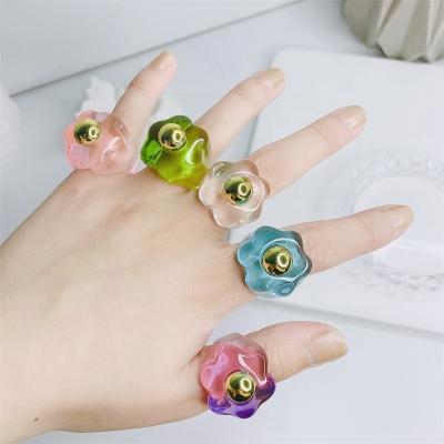 China Trendy Korean Nice Colorful Flower Fashion Acrylic Resin Geometric Minimalist Finger Band Rings Jewelry Women for sale