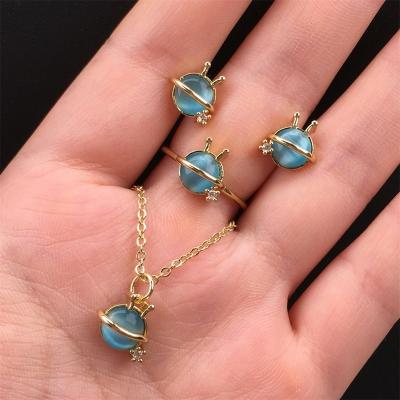 China New Design FASHIONABLE Planet Opal Jewelry Sets Women 3pcs Knuckle Knuckle Ring Stud Earrings Gold Plated Alien Pendant Necklaces Set for sale