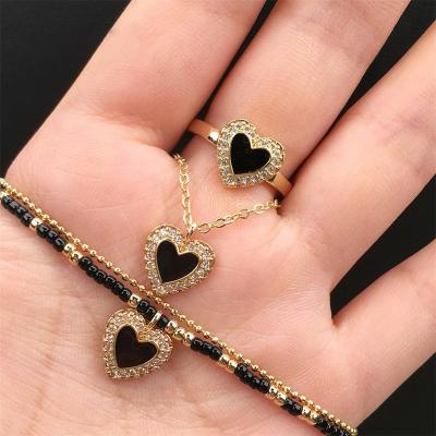 China New Trendy Wholesale Trendy Enamel Jewelry Sets Colorful Heart 3pcs Drip Oil Seed Beads Pendant Necklace Bracelet Ring Fashion Set for sale