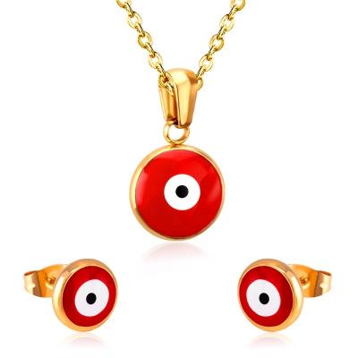 China Hot Selling BOHEMIA Jewelry Geometry Enamel Evil Eye Gold Plated Steel Necklace Earring Jewelry Set Beauty Charm Stud Earring stainless for sale