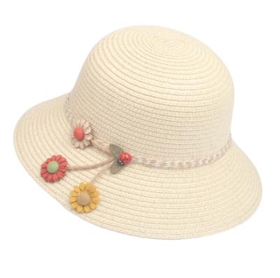 China Summer Eco-Friendly Sun Kid Flower Ribbon Ruffle Brim Straw Hat Decorated Beach Straw Wide Hat for sale