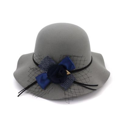 China Dobby Black Flower Feather Wide Brim Church Lady Wool Felt Fedoral Bucket Hat 1 Top Buyer for sale