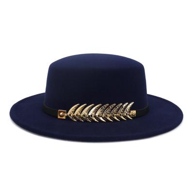 China New Fashion Plush Wide Brim Gradient Two Tone Faux Wool Wide Felt Hats With Chain Decor Panama Fedora Metal Hat for sale