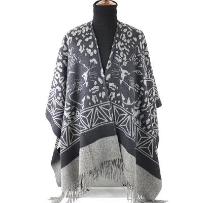 China 100% Wool Poncho Wrap Woman Winter Animal Ponchos Black And Gray Mongolia Printing European American Wholesale Ladies for sale