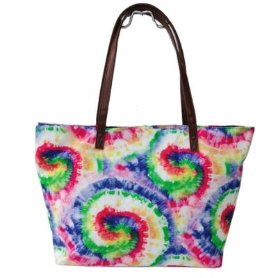 China Fashion Custom Printed Women Canvas Tote Bag Casual Tie Dye Beach Bag for sale