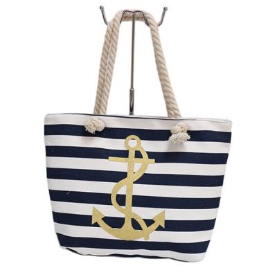 China Waterproof Custom Logo Printed Striped Designer Tote Bag Cotton Canvas Beach Bag for sale