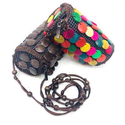 China Wholesale Vintage Coconut Shell Cylinder Bag Bohemian Wrist Coin Purse for sale