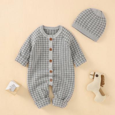 China Autumn New Baby One Piece Soft Breathable Jumpsuit Knitted Button Cotton Warm Hat Set Newborn Baby Romper for sale