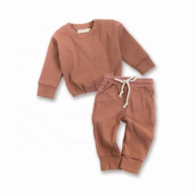 China Cotton Drop Shoulders Antibacterial Ribbed Organic Baby 2 Piece Set Baby Sweater Baby Pants for sale