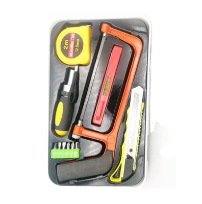 China 11pcs Woodworking Tool Saw Blade Spirit Level Knife Ratchet Screwdriver Hand Household Woodworking Tool Repair Kit Box Service Set for sale