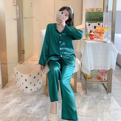 China Factory wholesale QUICK DRY solid color ice silk femininity pajamas suit long pants cardigan ladies home dress two s for sale