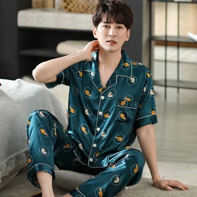 China QUICK DRY Men's Pajamas 2 Pieces Homewear Ice Design Light Summer Breathable Pajamas Set Silk Satin Shorts Pants for sale